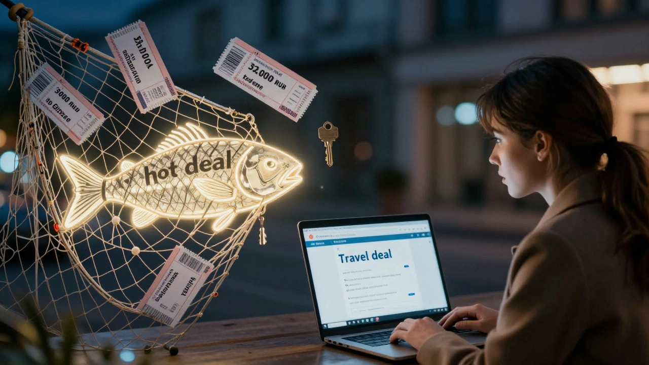 Сеть из билетов и ключей ловит светящуюся &#039;горящую путевку&#039;, женщина наблюдает за этим с ноутбука.