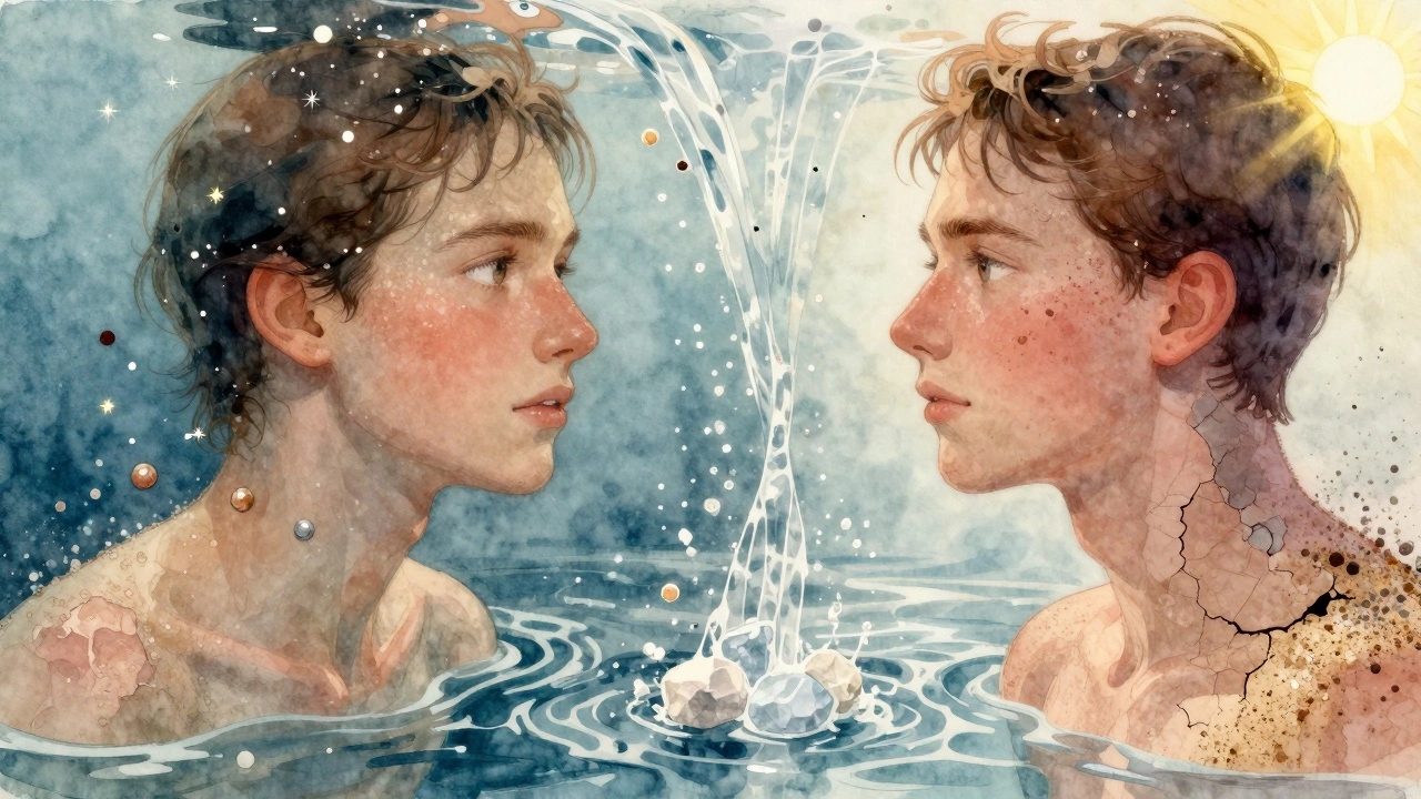 Сравнение здоровой кожи и обезвоженной после моря, с потоком пресной воды между ними.