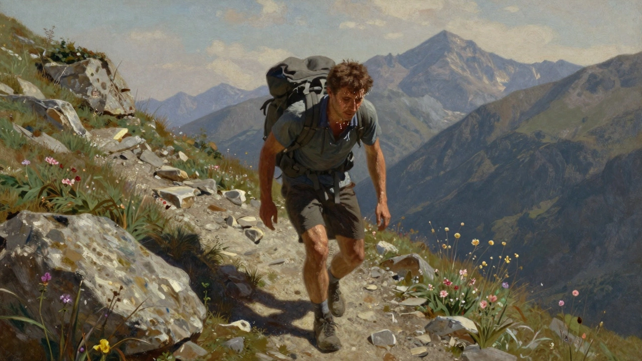 Альпинист на скальной тропе, дышит тяжело, вокруг — дикая природа, без гаджетов.