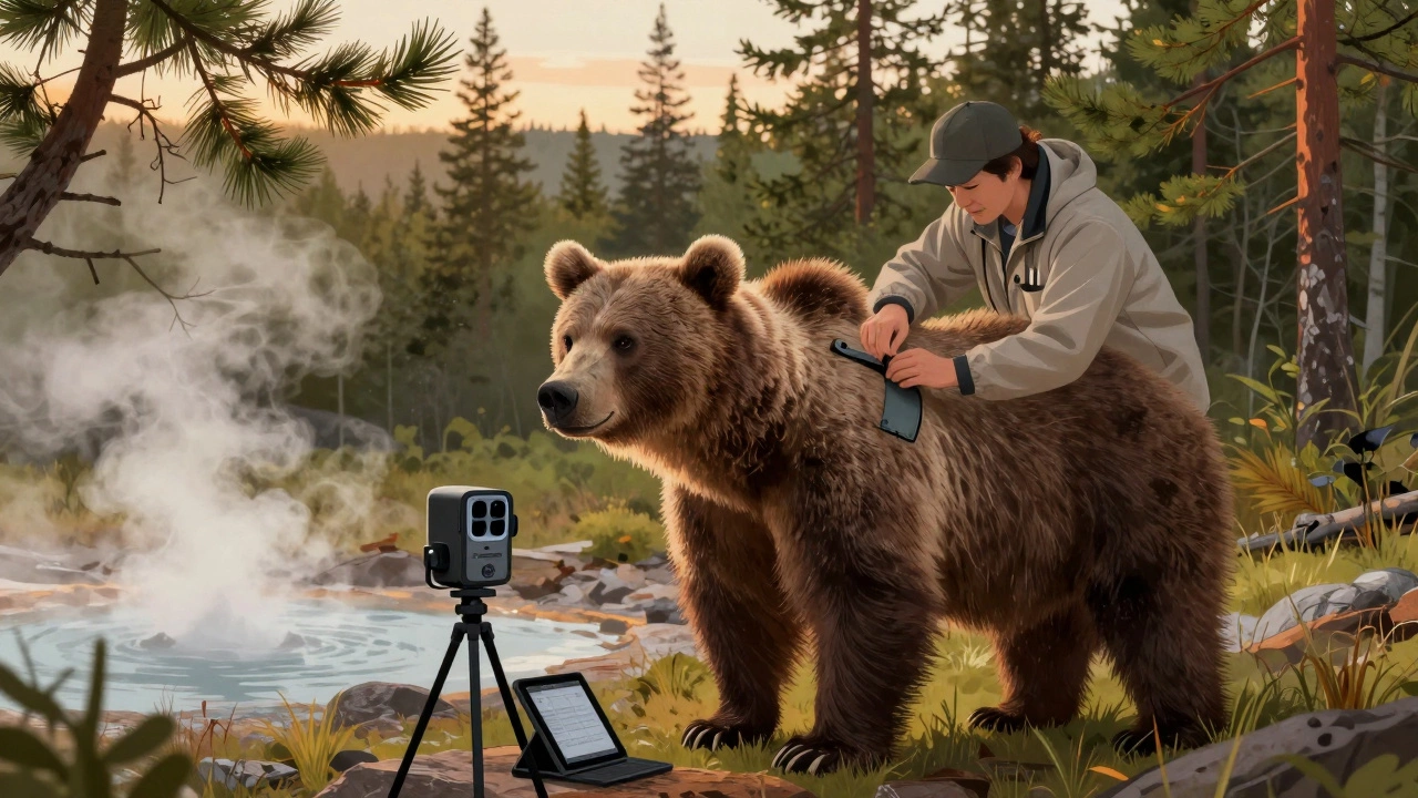 Биолог надевает GPS-ошейник на камчатского медведя в дикой природе.