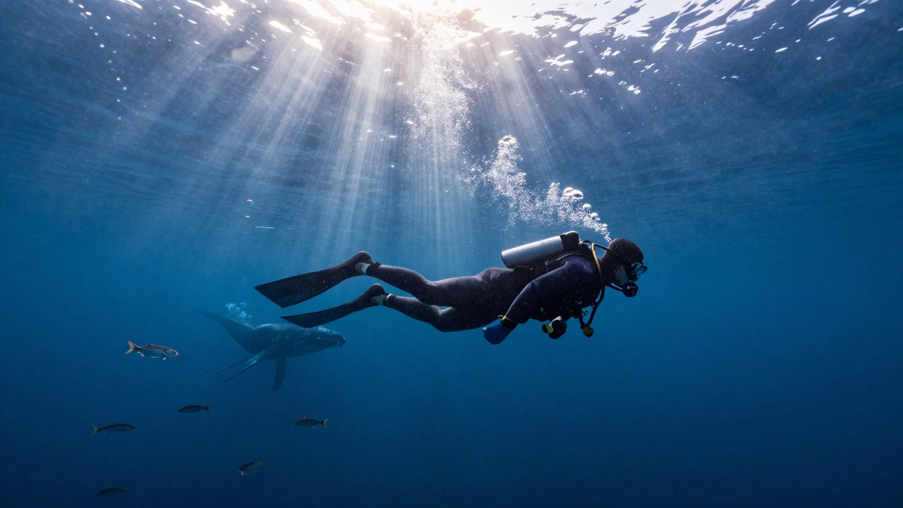 Дайвер плывет подо льдом в Белом море, рядом с китом и солнечными лучами сквозь лед.
