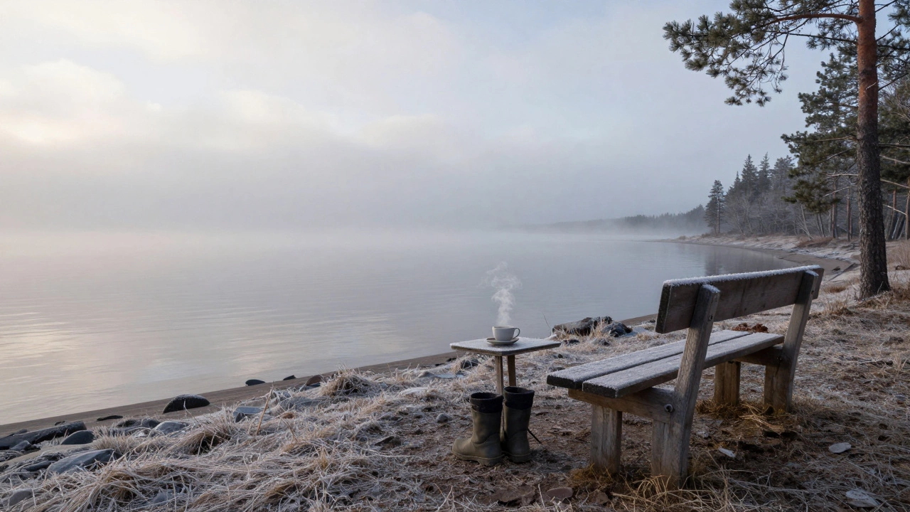Деревянная скамейка на берегу Белого моря в Карелии, чашка чая и термобельё на фоне тумана.
