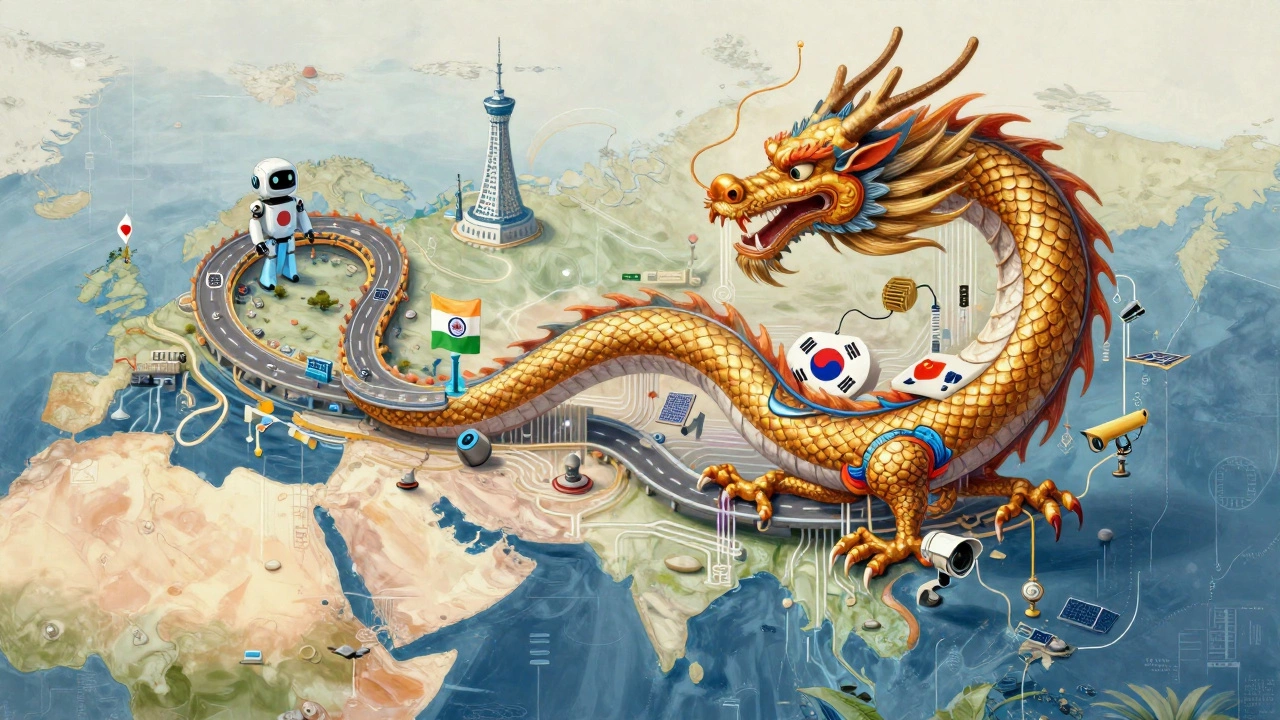 Дракон из цепочек поставок и технологий, охватывающий Азию, с другими странами как составными частями.