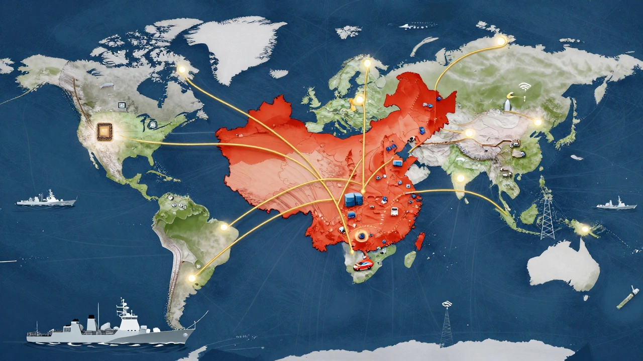 Глобальная сеть поставок с центром в Китае, соединяющая порты, железные дороги и чипы.