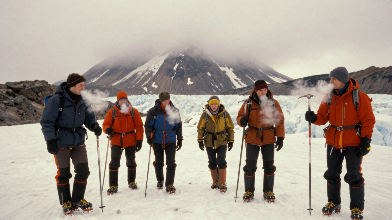 Группа туристов готовится к спуску по леднику на Камчатке, видны ледорубы и шипы, дым изо рта.