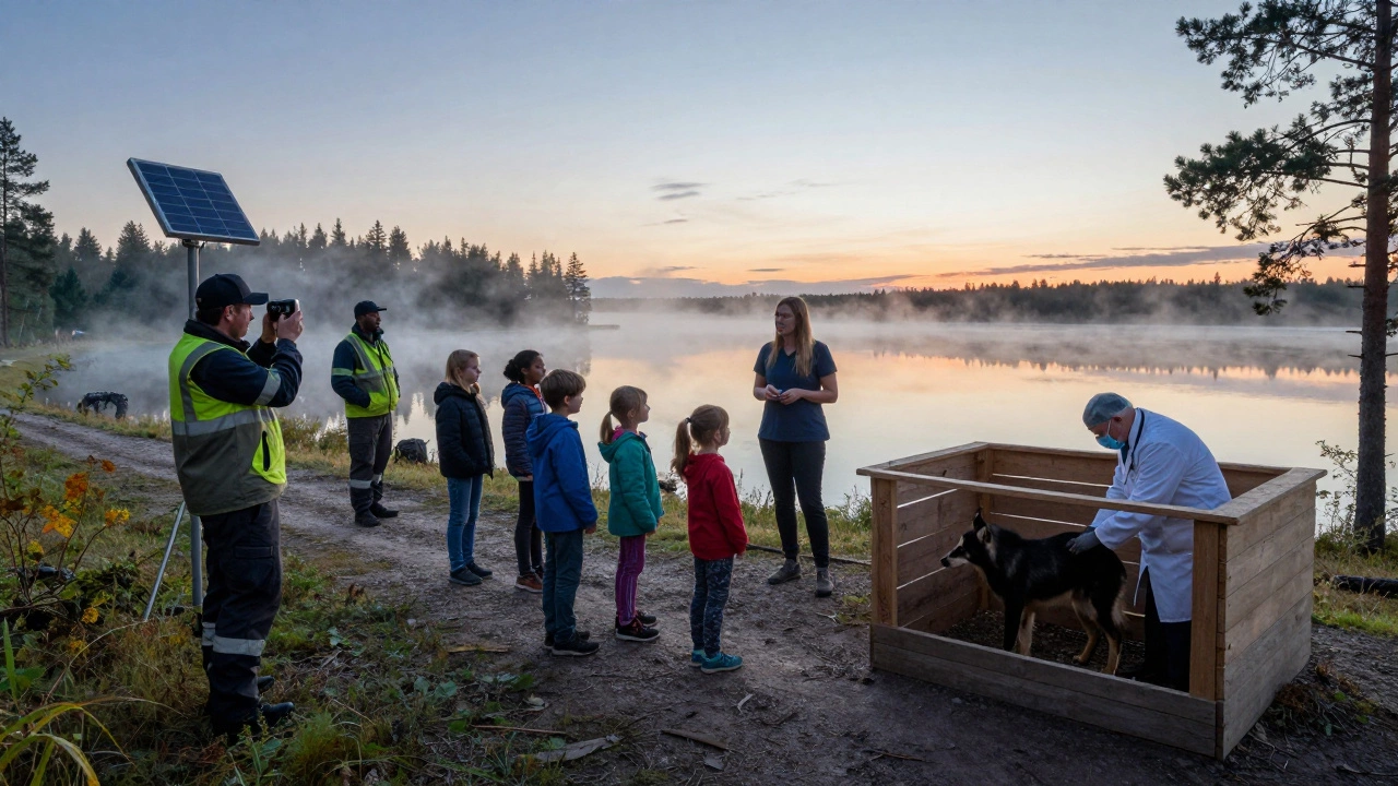 Команда заповедника: техник, педагог и ветеринар работают вместе в природе.