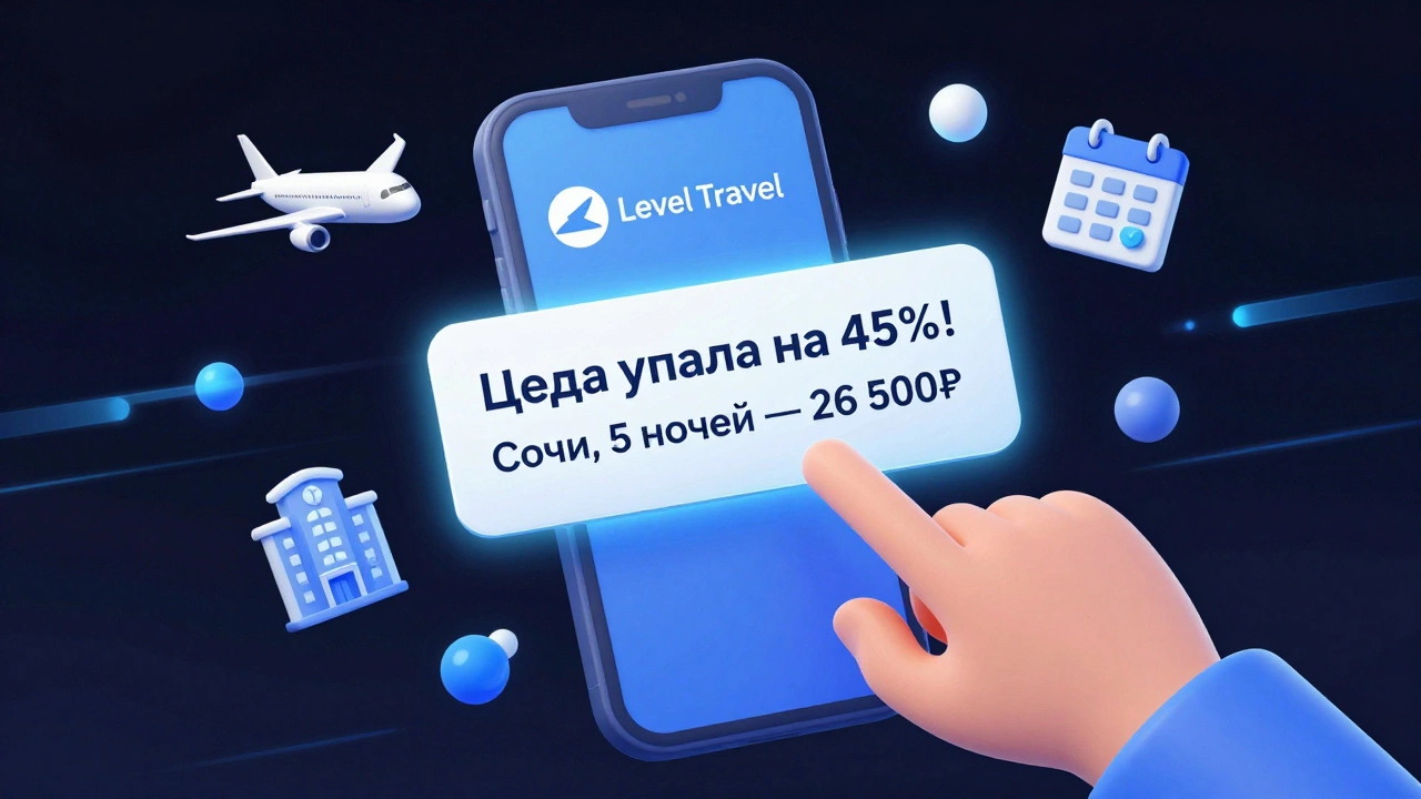 Мобильный телефон показывает уведомление о снижении цены на тур в Сочи, рядом — иконки самолета и отеля.