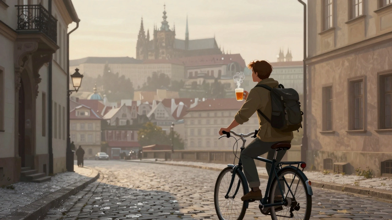 Молодой путешественник на велосипеде в Праге на рассвете, замок на фоне, узкие улочки.