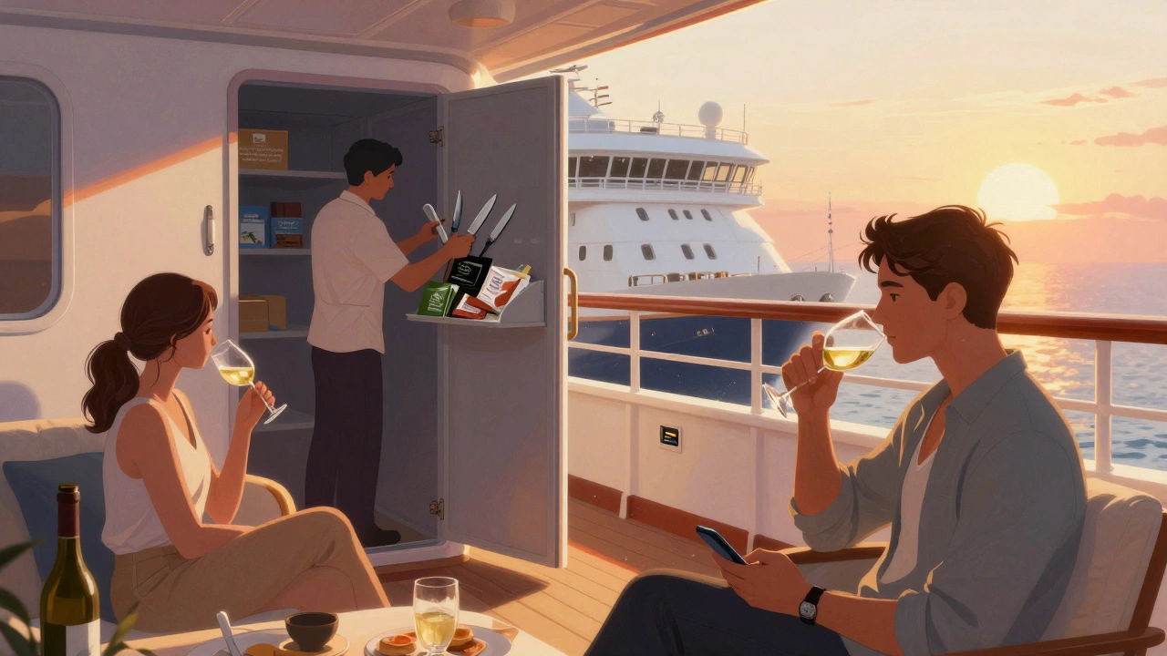 Пассажиры на палубе круизного лайнера на закате, один в каюте пьет вино, другой заряжает телефон.