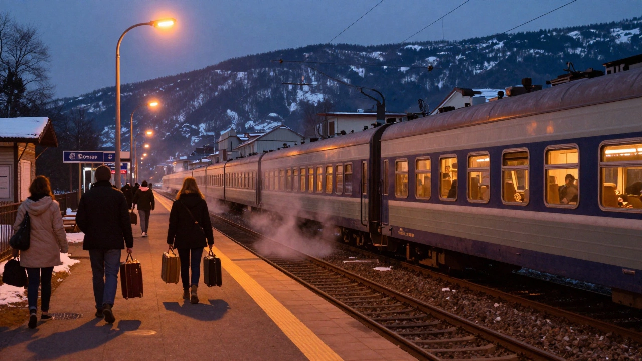 Поезд прибывает на станцию Адлер вечером, пассажиры выходят под тёплым светом фонарей.
