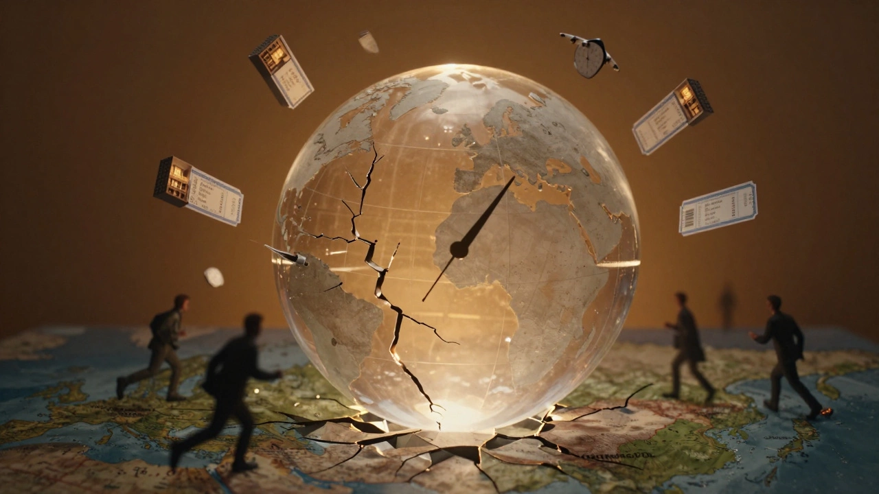 Прозрачный глобус над картой России, из которого вырываются направления туров — Сочи, Крым, Казань.