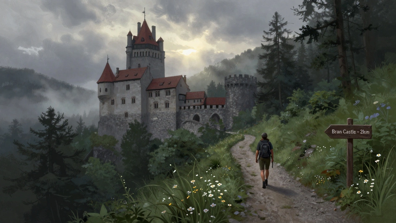 Путешественник идет по горной тропе в Румынии к замку Бран на рассвете, туман и лес.