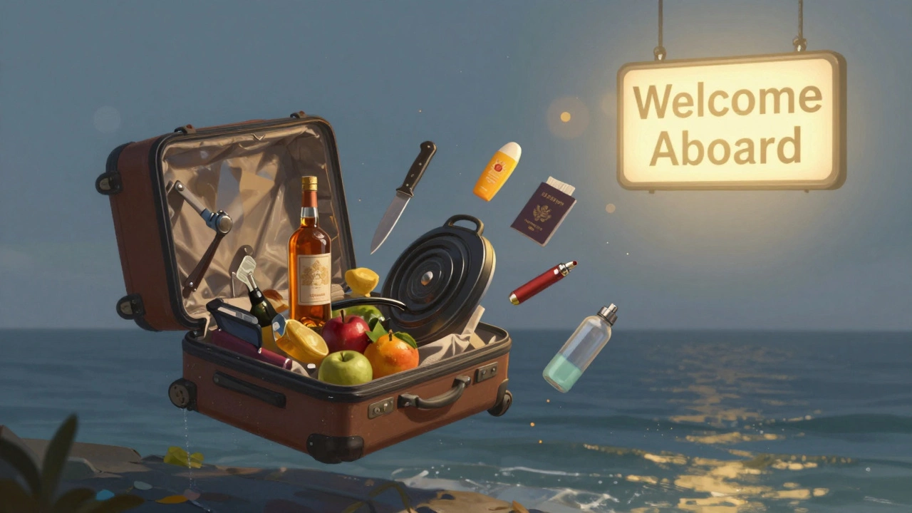 Разлетающийся чемодан с запрещенными и разрешенными предметами, символизирующий выбор при сборах на круиз.