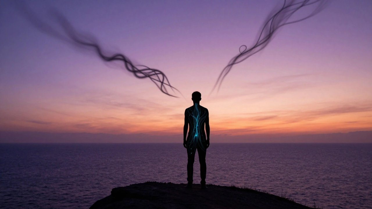 Силуэт человека на скале, поглощающий ионы морского воздуха, стрессовые тени растворяются в закате.