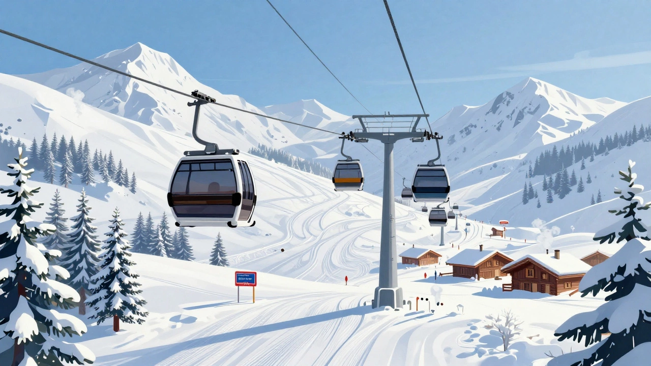 Современные подъёмники и чистые трассы в Валь-д’Изер без очередей, в окружении снежных деревьев.