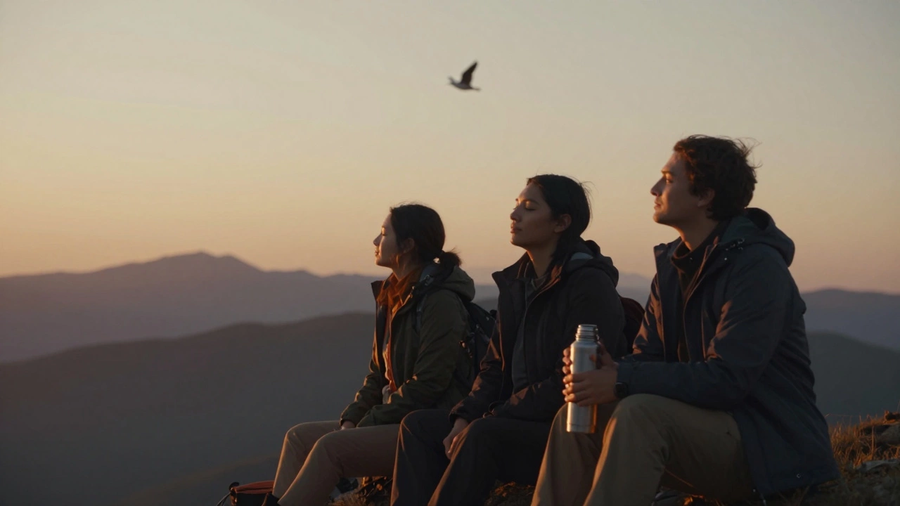 Три человека на вершине на закате, молчат, чувствуют тишину и связь друг с другом.