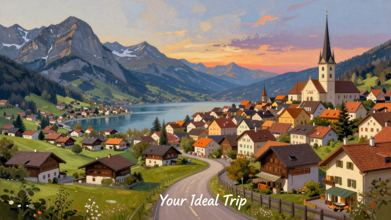 Три европейские страны в одном пейзаже: Швейцария, Португалия и Чехия, символизирующие выбор.