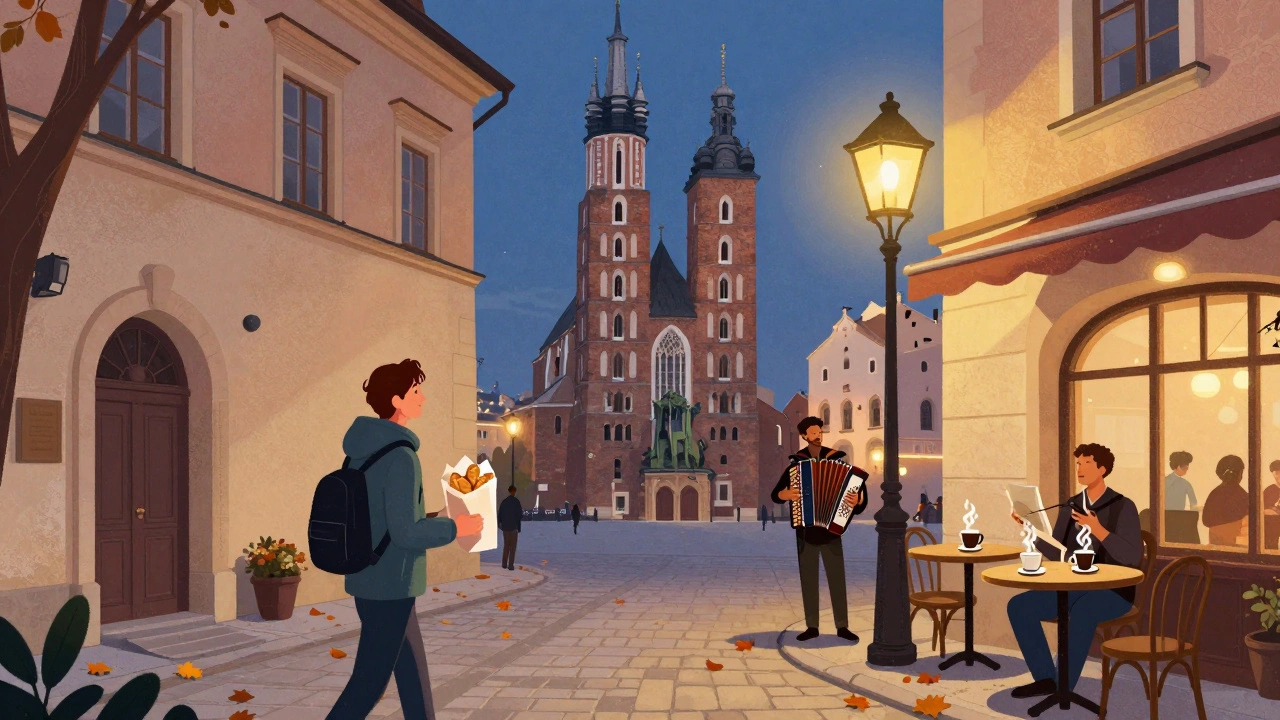 Уютная улица в Кракове, Польша, вечером, турист с пирожками и уличный музыкант.