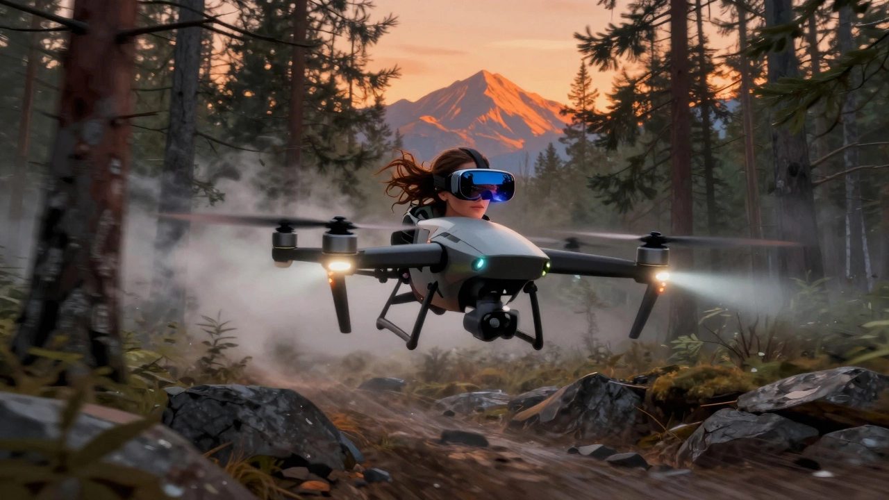 Женщина управляет дроном на высокой скорости через лес в Сибири при сумерках.