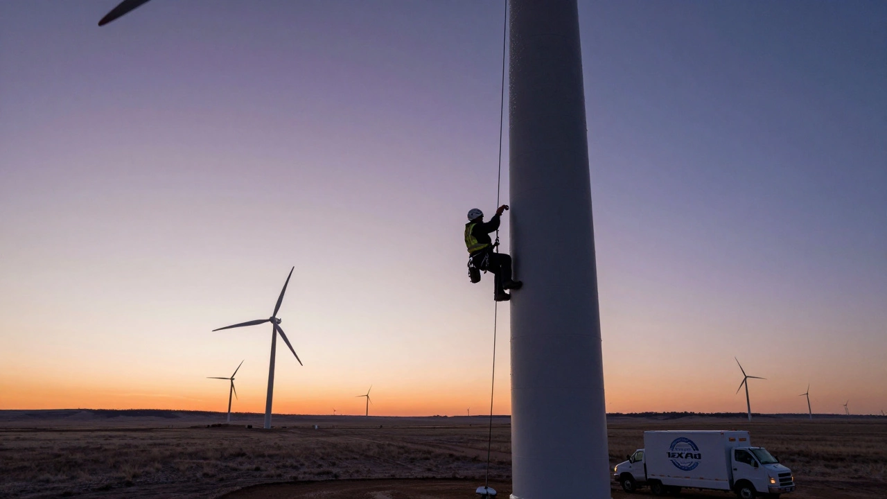 Альпинисты обслуживают ветряную турбину на равнине Техаса на рассвете, с туманом и инеем на металле.