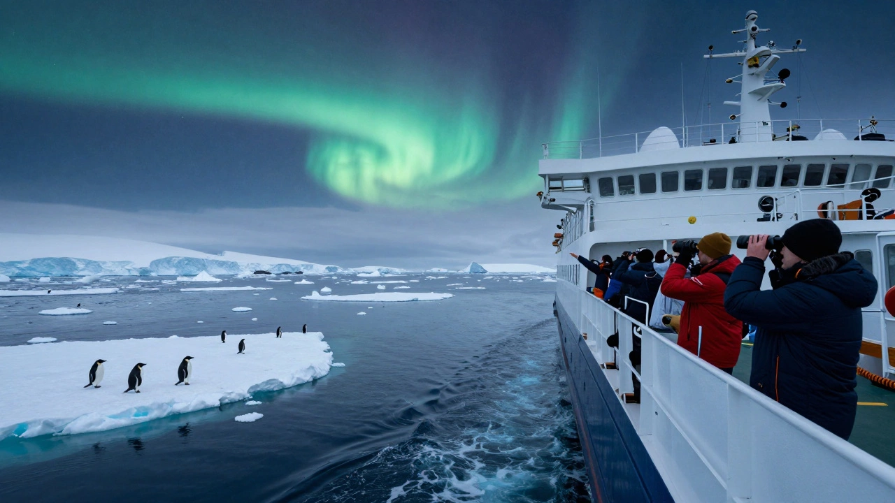 Экспедиционный корабль в Антарктиде, пингвины на льдине, северное сияние на горизонте.