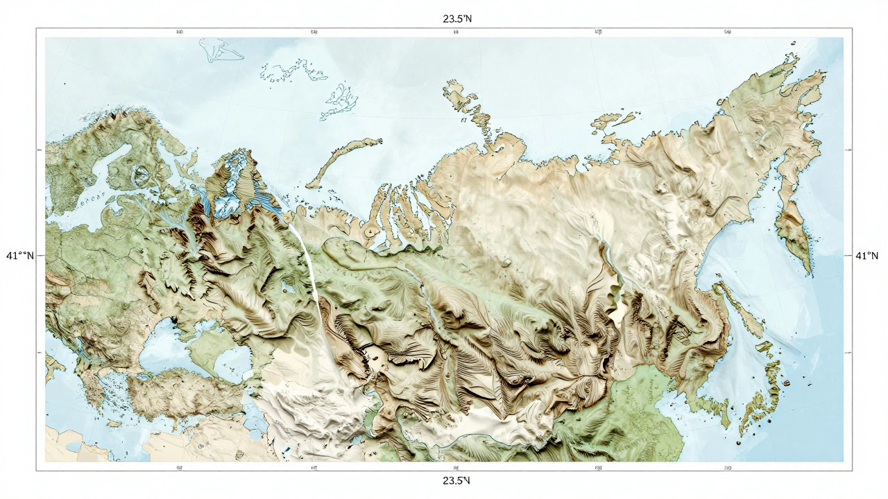 Карта России с линиями широт, показывающая Тропик Рака и южную границу.