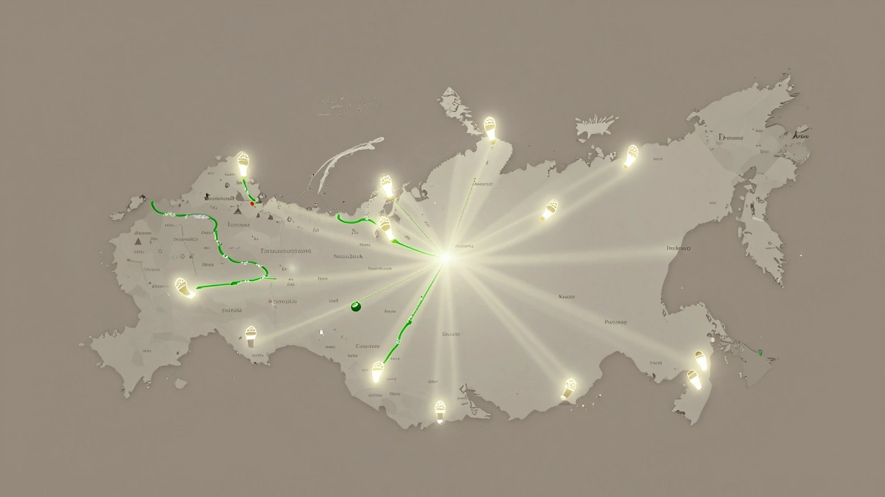 Карта России с мягкими светящимися следами пешеходных маршрутов от крупных городов, символизирующих повседневный туризм.