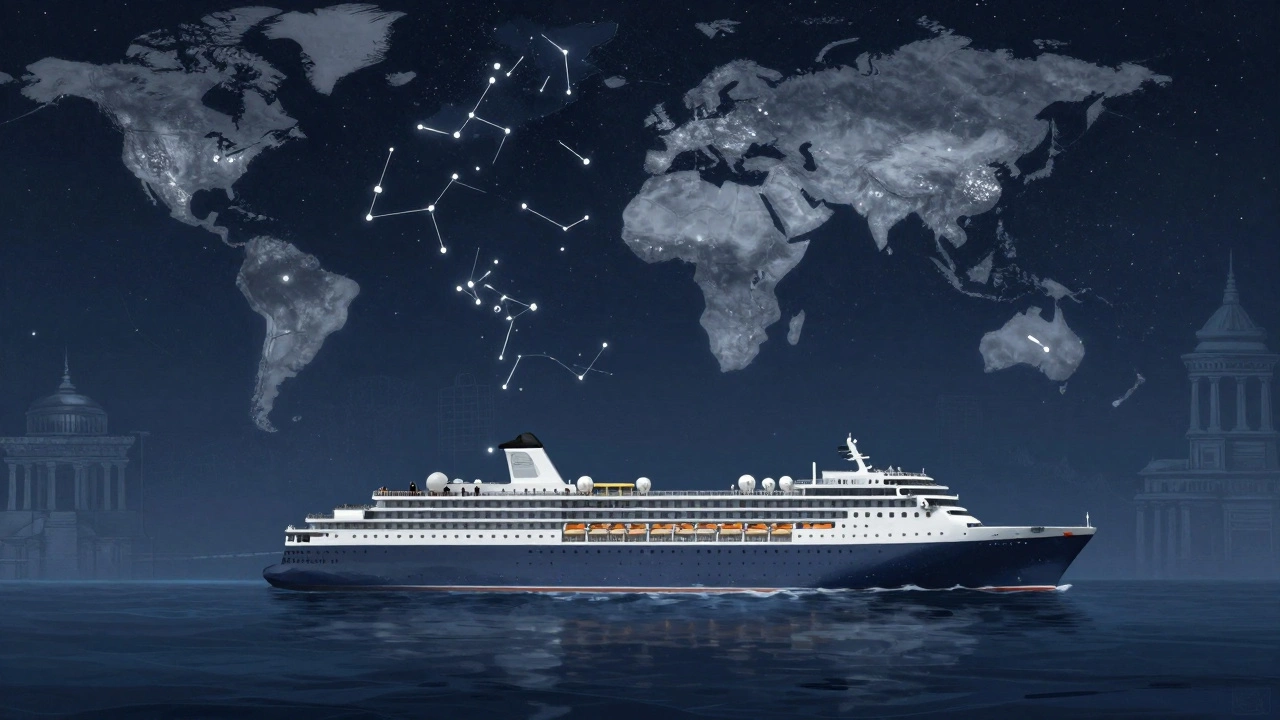 Кругосветный круиз под звёздным небом, пассажиры на палубе смотрят на небосвод.