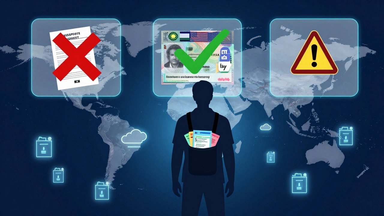 Круизный лайнер в международных водах с наложением требований к документам для каждого порта: визы, паспорта и цифровые копии.