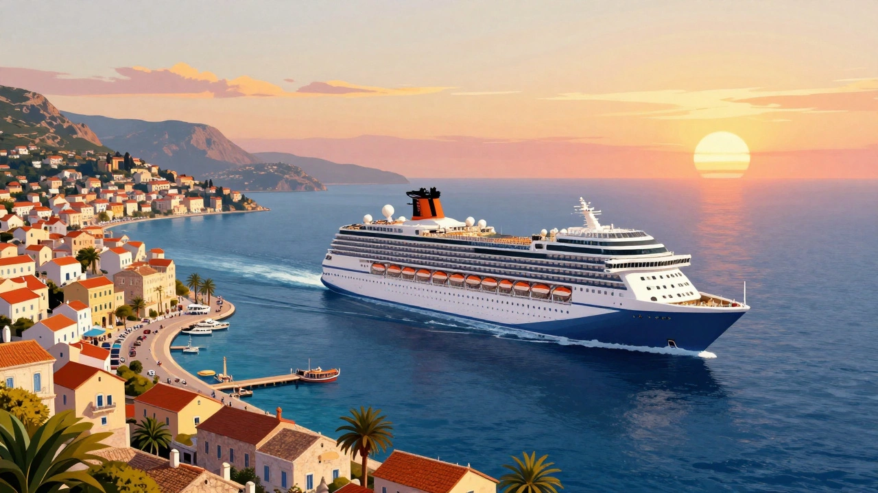 Круизный лайнер в Средиземном море между Италией, Грецией и Хорватией на закате.