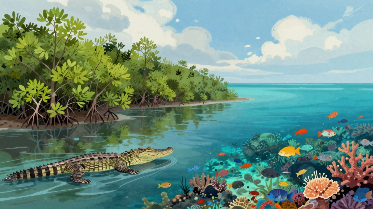 Мангровый лес и коралловый риф с рыбами в южной Флориде