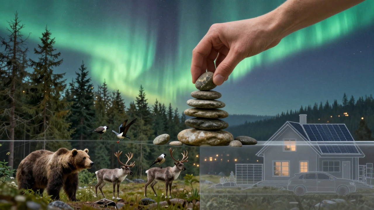 Прозрачная граница между дикой природой и человеческим жильём, рука кладёт камень, северное сияние над лесом.