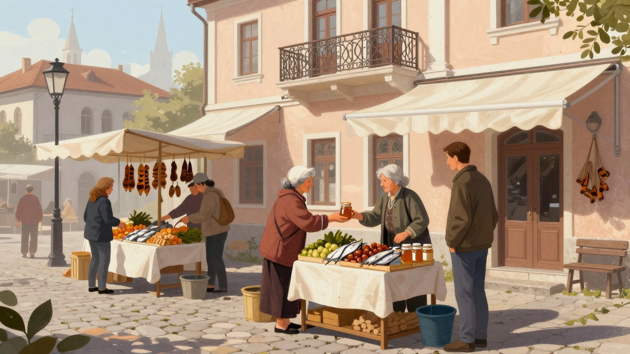 Рынок в Одессе, бабушка предлагает мёд путешественнику, пастельные здания.