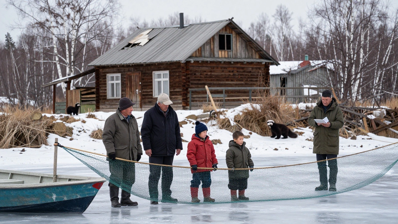 Семья коренного народа с рыболовной сетью на ледяной реке, дом с ремонтом, биолог наблюдает вдалеке.