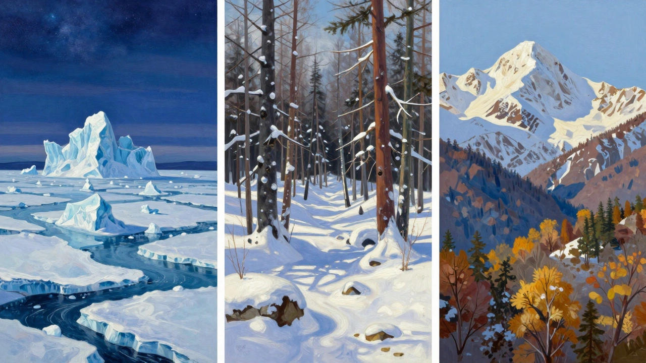 Три климатические зоны России: арктика, Сибирь, Кавказ.