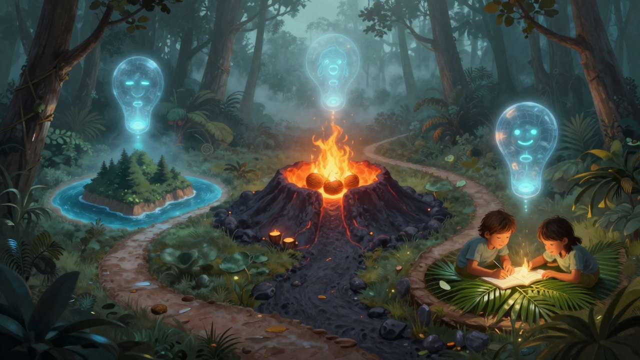 Три символических пути в джунглях Индонезии: тишина, огонь и письмо на пальмовых листьях с эмоциональными датчиками.