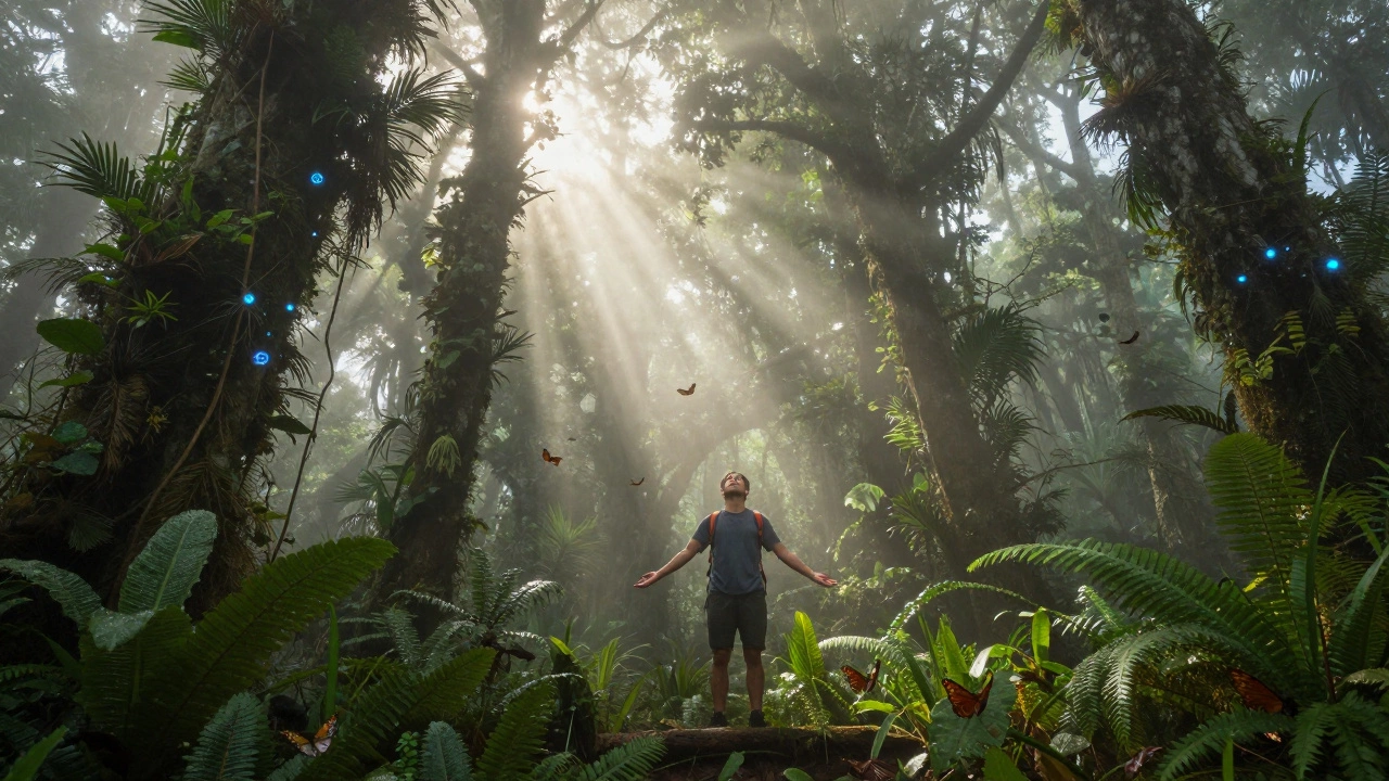 Туманный лес Монтеверде в Коста-Рике: свет и ионы в воздухе, человек в состоянии умиротворения.