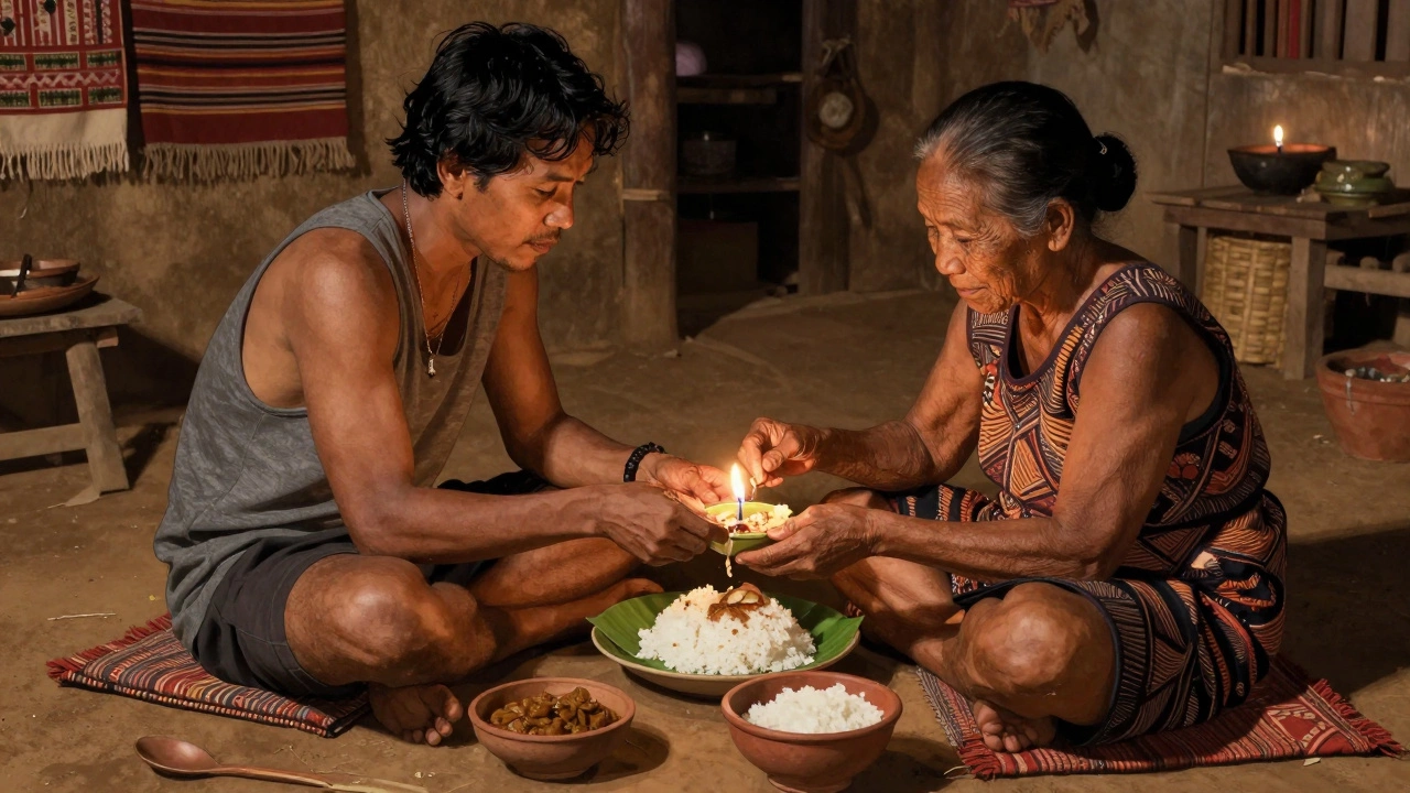 Турист ест с местной женщиной на полу в доме в Суматре, мягкий свет свечей и традиционная посуда.