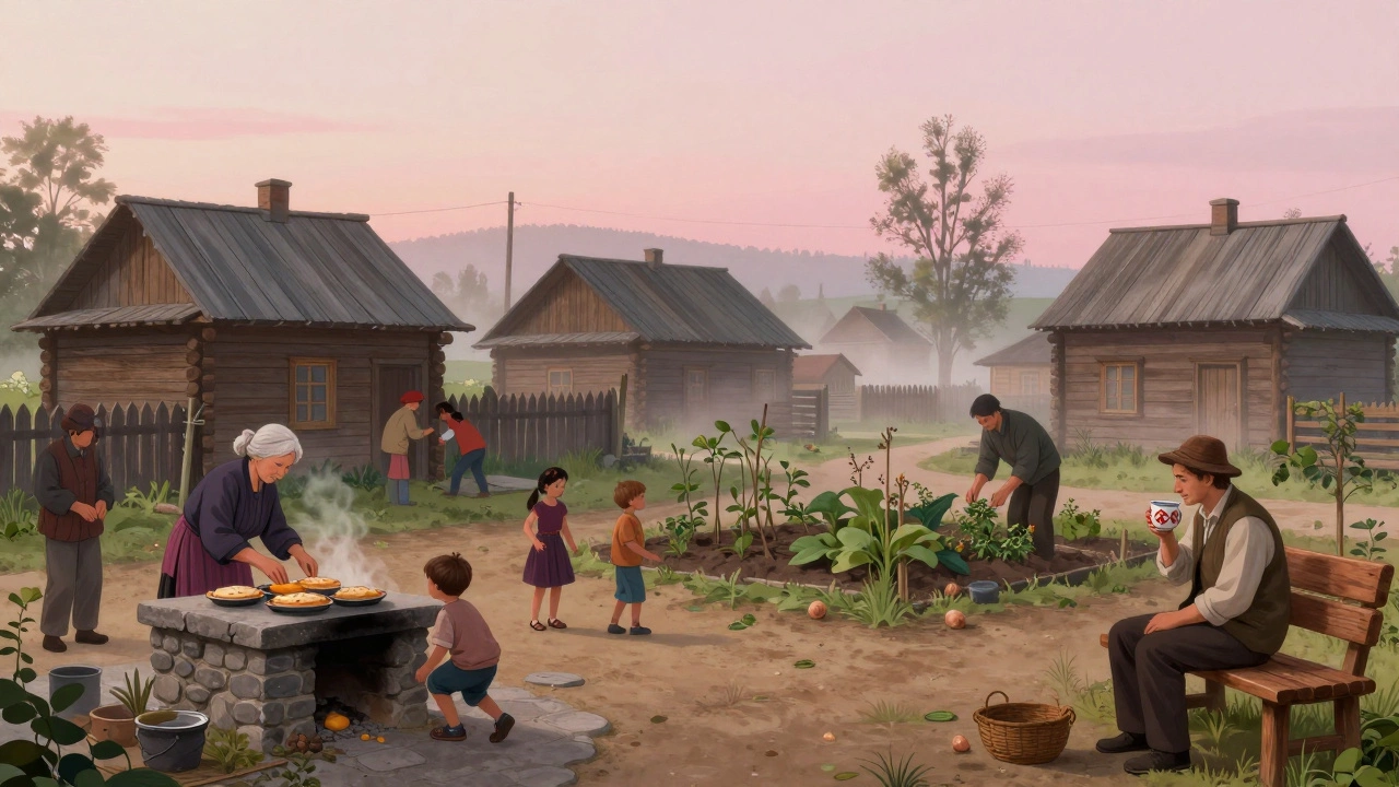 Утро в русской деревне: бабушка пекёт пироги, дети играют, путешественник пьёт чай.