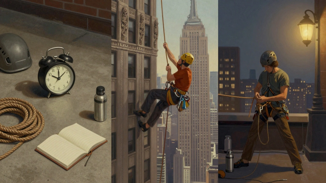 Визуальная хроника дня промышленного альпиниста: утро, работа на высоте и вечерняя проверка снаряжения.