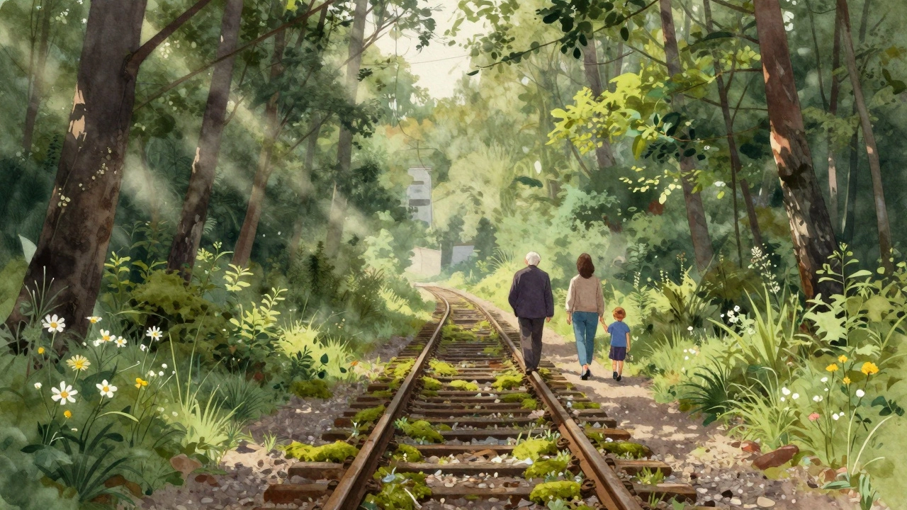 Заброшенная железная дорога превратилась в лесную тропу, по которой идут человек и ребенок среди цветов и мха.