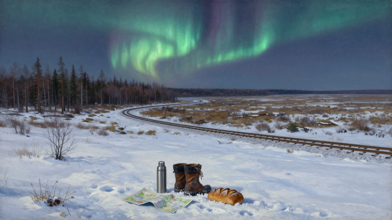 Забытые ботинки и хлеб на снегу у железнодорожных путей под северным сиянием.