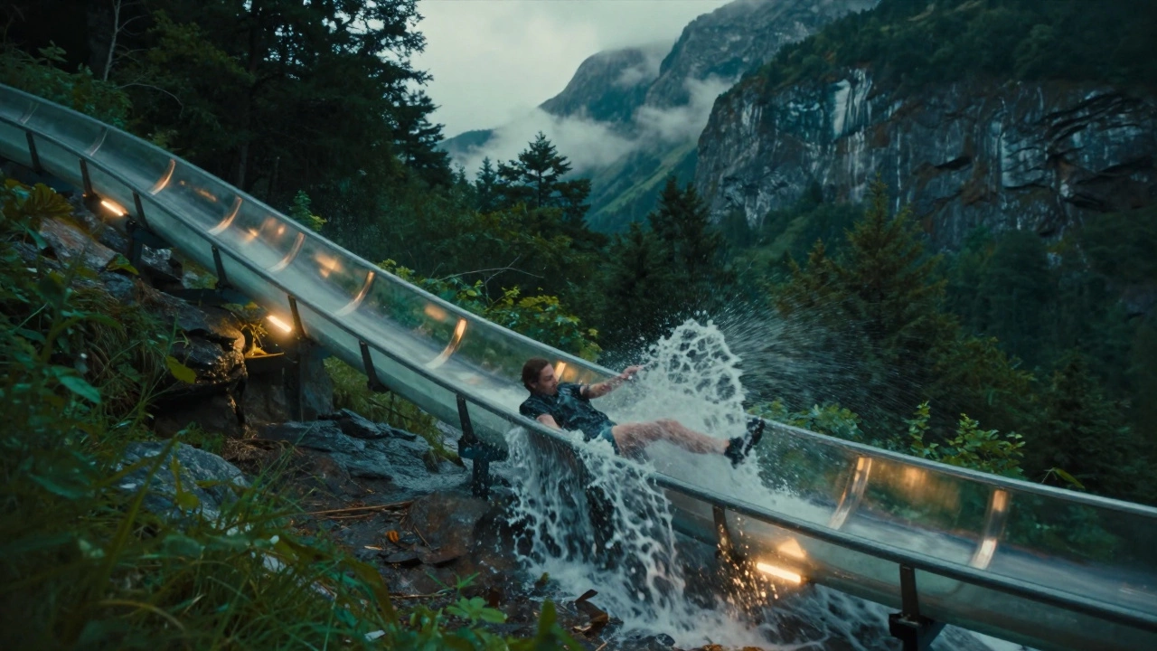 Человек скользит по стеклянной трубе через водопад в горах Адлера.