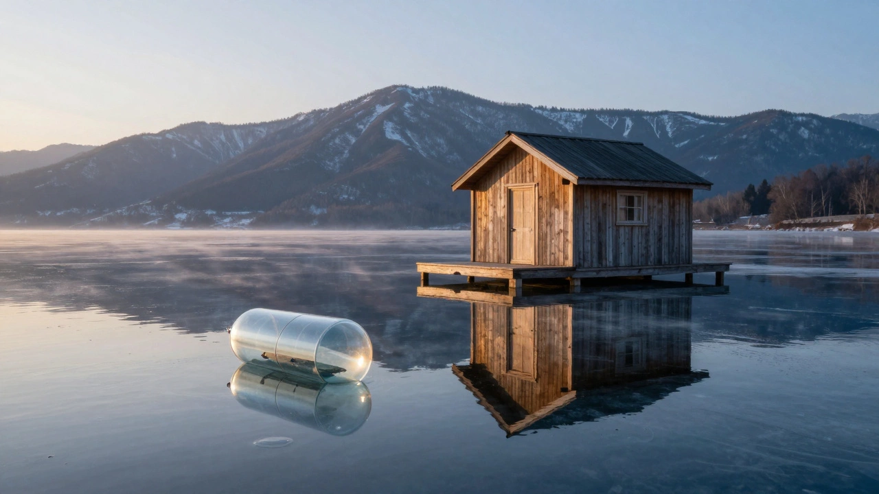 Деревянный домик на плавучих буях на Байкале, под водой светящаяся капсула.