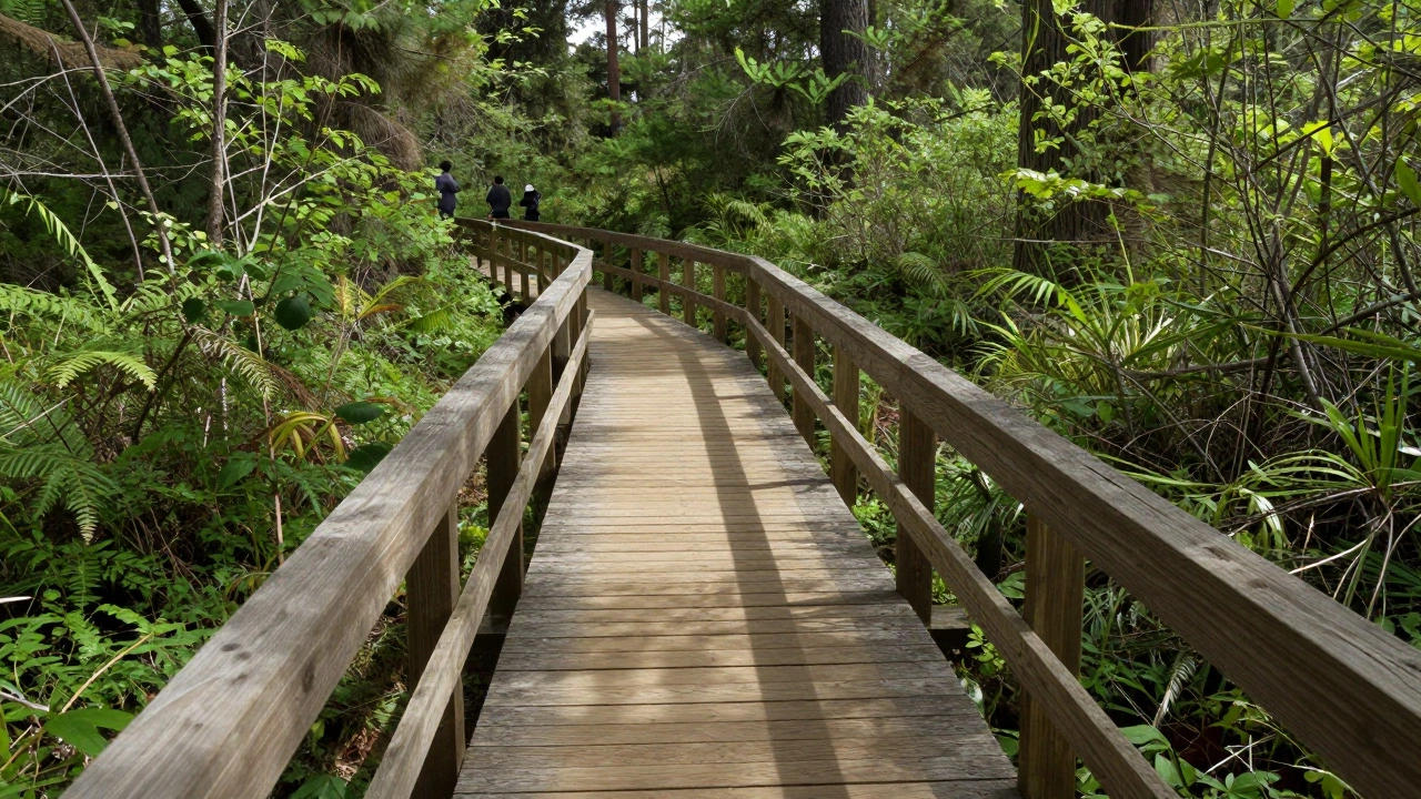 Экологическая тропа с деревянными мостками в заповеднике, посетители под контролем инспекторов.