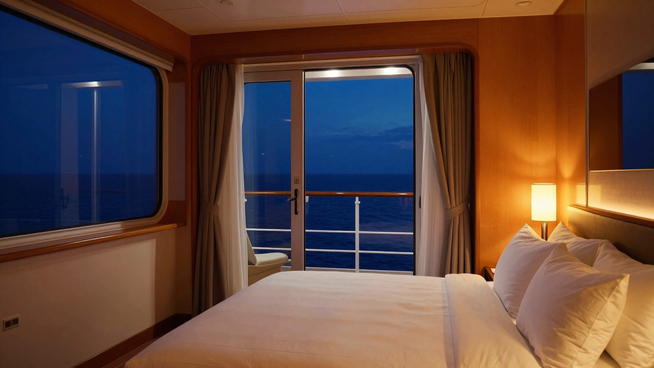 Интерьер каюты с выходом на балкон в ночное время