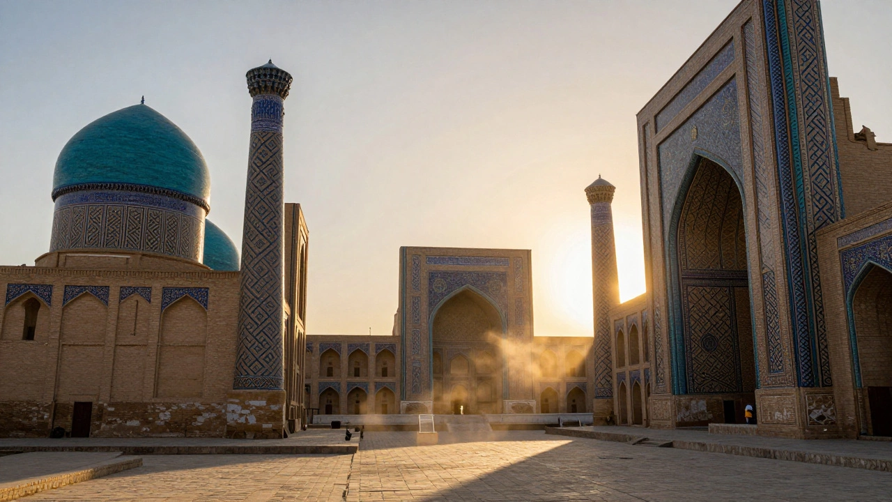 Историческая архитектура Самарканда с голубыми куполами и узкими улочками.