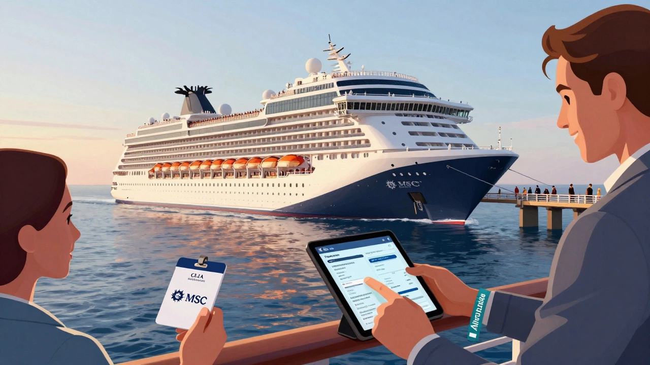 Люкс-круизный лайнер в Балтийском море на рассвете, пассажиры boarding в Санкт-Петербурге.