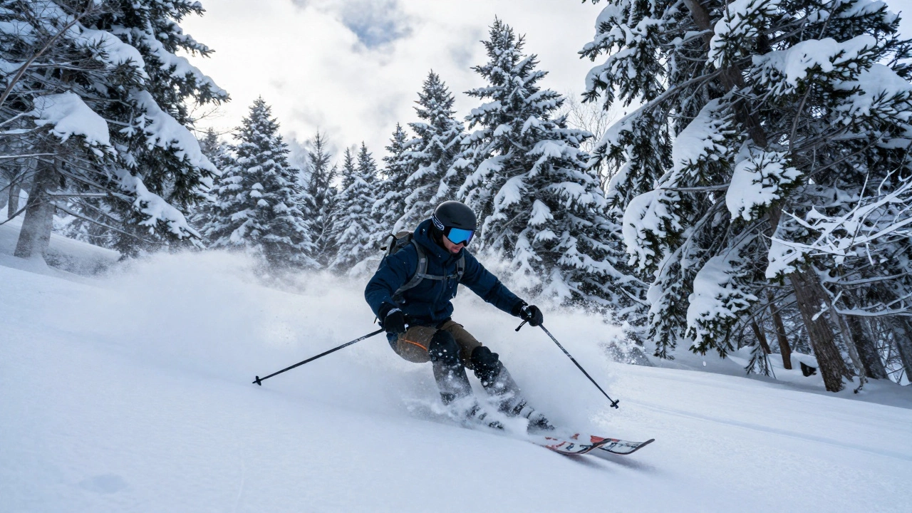 Лыжник скользит по глубоким пушистым сугробам в японском регионе.