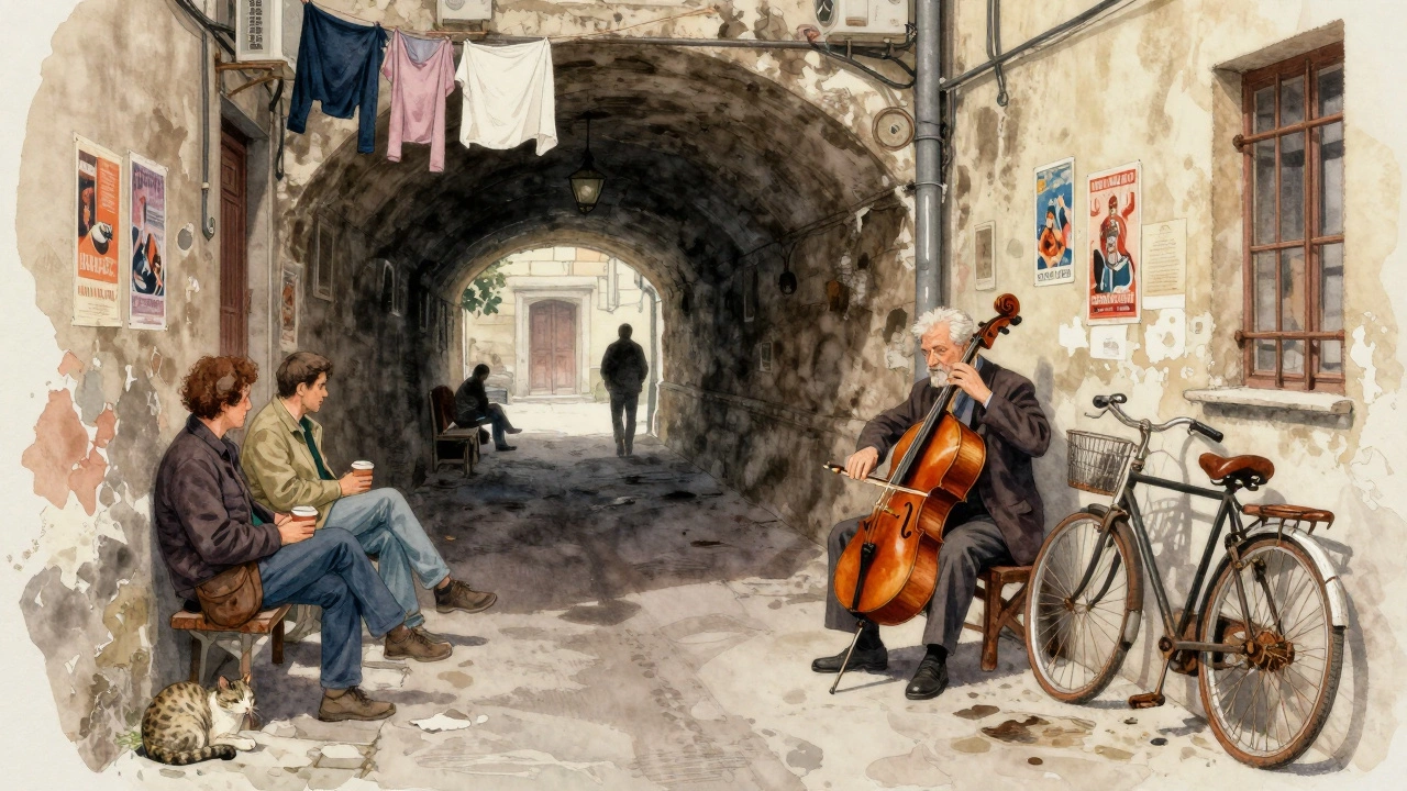 Музыкант играет на виолончели в подземном переходе в Белграде, несколько местных слушают в тишине, без толп.